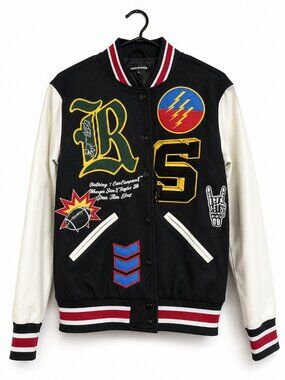 Fashion Nova Varsity Letterman Jacket Medium Black Faux Leather Sleeve Patch Bom